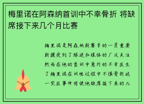梅里诺在阿森纳首训中不幸骨折 将缺席接下来几个月比赛