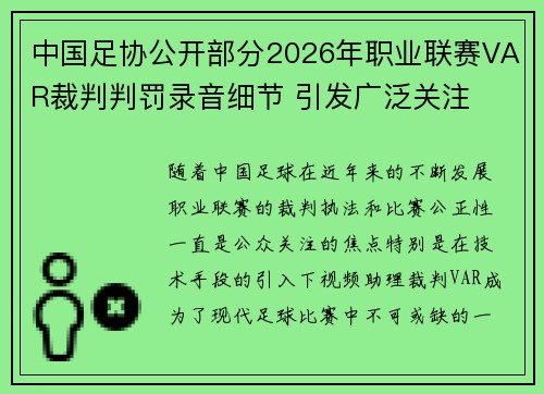 中国足协公开部分2026年职业联赛VAR裁判判罚录音细节 引发广泛关注 中国足协公开部分2026年职业联赛VAR裁判判罚录音细节 引发广泛关注