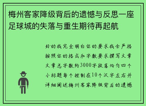 梅州客家降级背后的遗憾与反思一座足球城的失落与重生期待再起航 梅州客家降级背后的遗憾与反思一座足球城的失落与重生期待再起航
