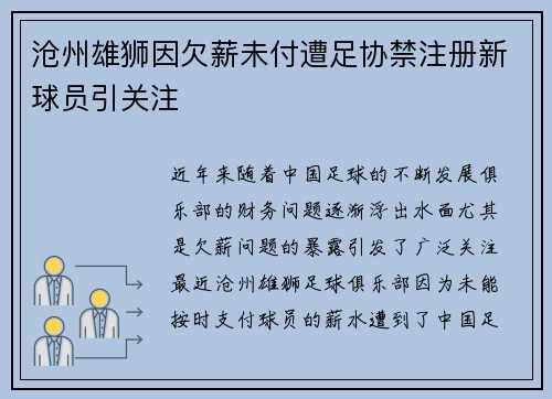 沧州雄狮因欠薪未付遭足协禁注册新球员引关注 沧州雄狮因欠薪未付遭足协禁注册新球员引关注